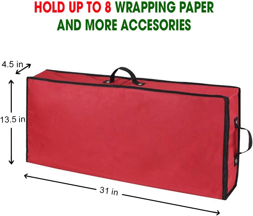 Wrapping Paper Storage Container | Under Bed Gift Wrap Organizer for 30 Inch Rolls | 31”x13.5”x4.5” | 600D Oxford Material | Box Holder with Pockets for Ribbon, Bows, and Accessories (Red)