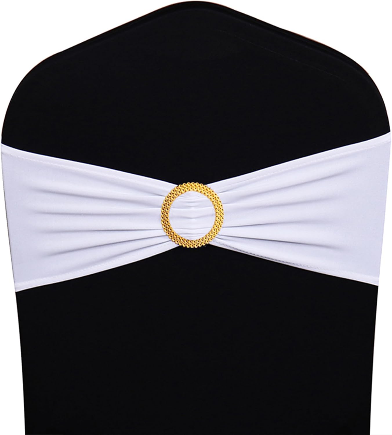 Pack of 50 Spandex White Chair Sashes with Gold Buckles, Stretch Chairs Sashes for Wedding Party Baby Shower Ceremony Event Decorations Chair Bands Bows (White Sashes, Gold Buckles)