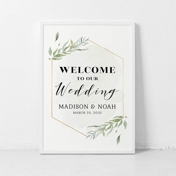 Andaz Press Personalized Extra Large Wedding Easel Board Party Sign, 12x18-inch, Modern Black, Gold with Green Leaves Florals, Welcome to Our Wedding Bride Groom Name Date, 1-Pack, Custom