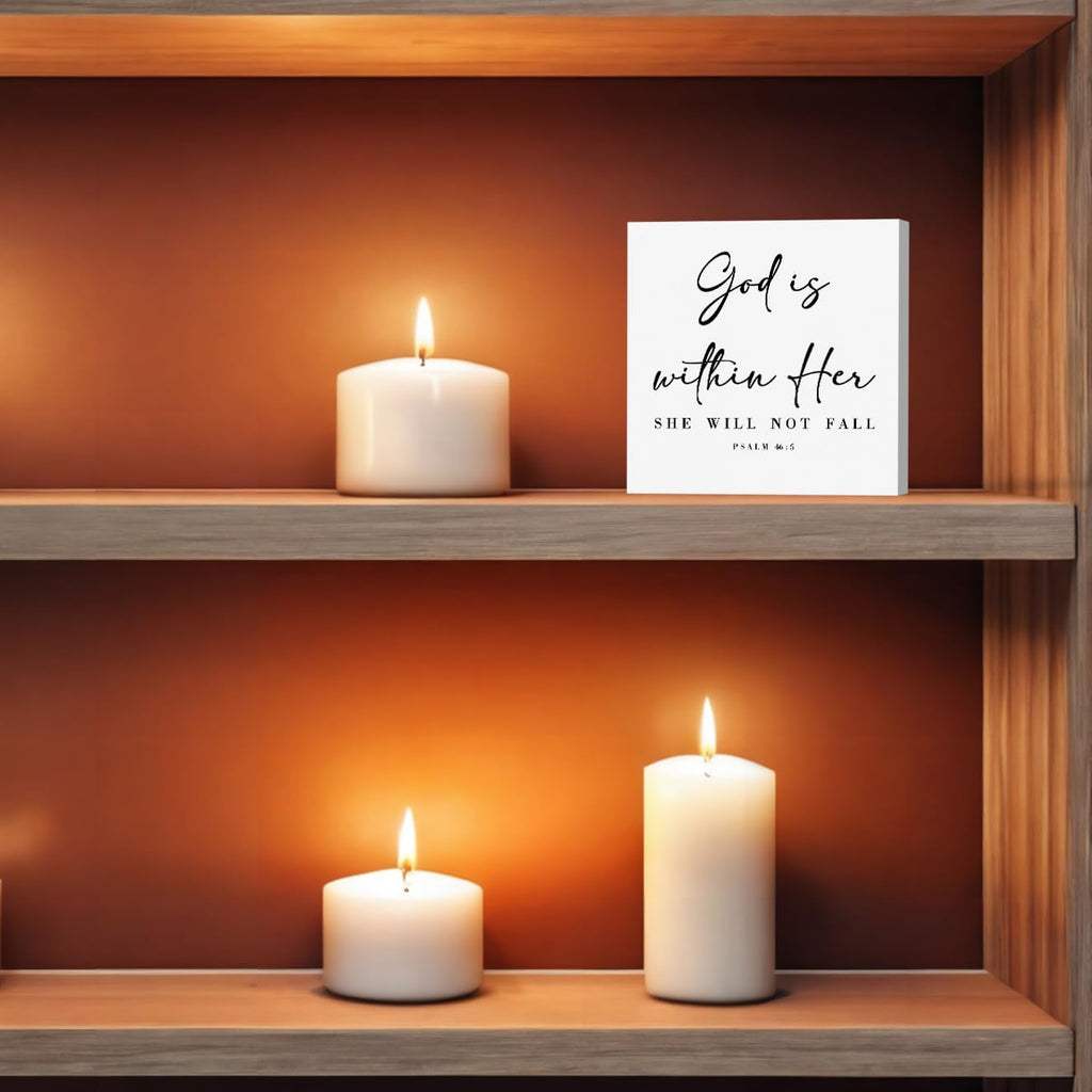 God Is Within Her Bible Verse Artwork Wooden Box Sign Rustic Farmhouse Style Psalm 46:5 Christian Wood Block Plaque 5 X 5 Inches Home Office Desk Sign Decor for Gifts