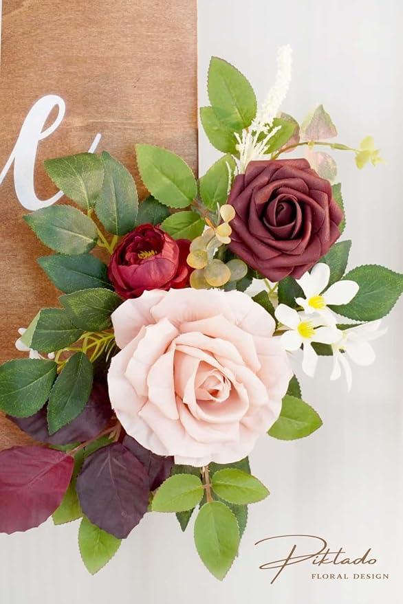 Wedding Decor (Pack of 2) Welcome Sign Flower Backdrop Garland for Ceremony Reception Wall Easel Home Decoration Entryway Faux Outdoor Board Head Table Decor (Burgundy & Dusty Rose)