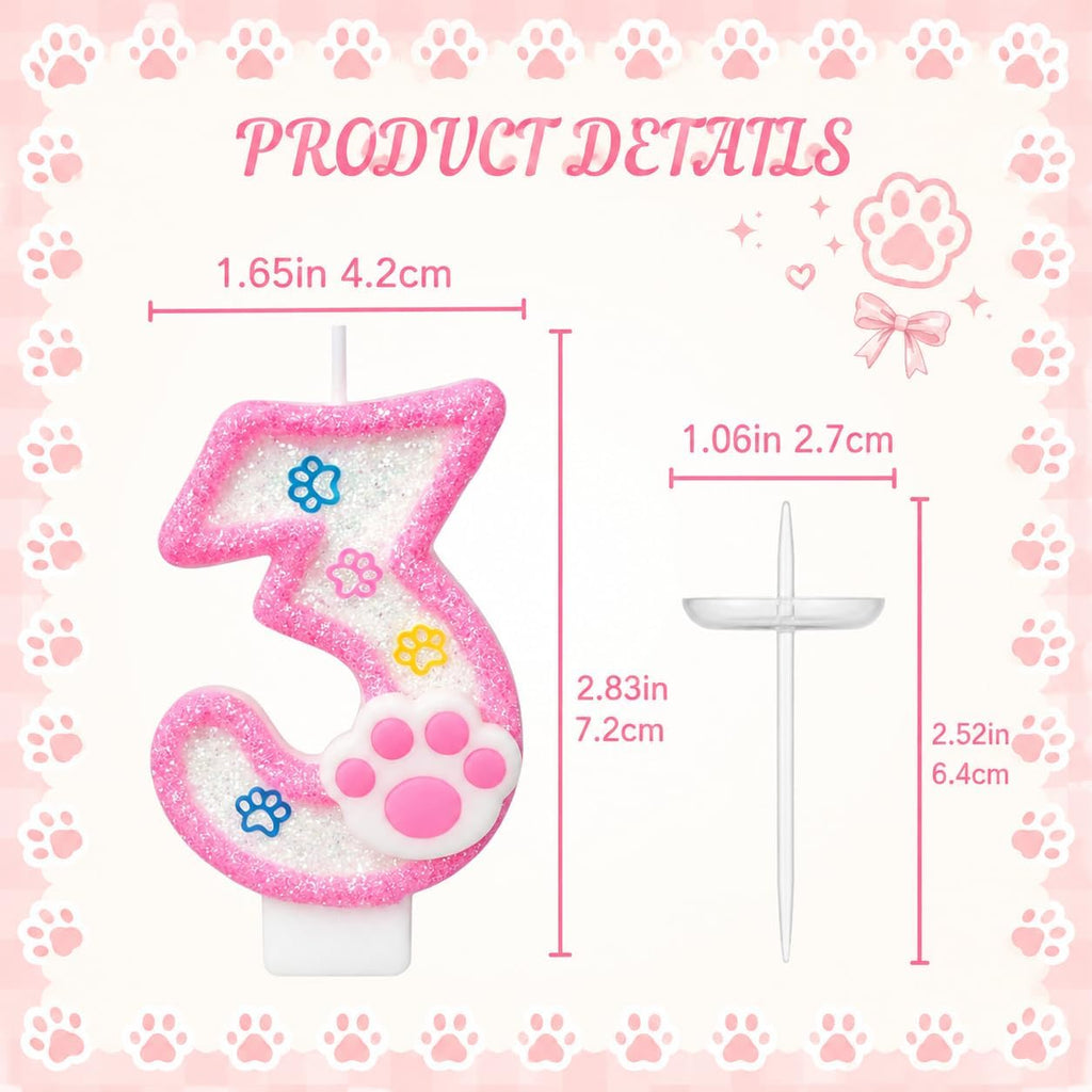 Dog and Cat Paw Number Candles for Cake Decoration, Pink Kitten Paw Number 2 Candle, Dog Themed Birthday Cake Topper for Party Decorations