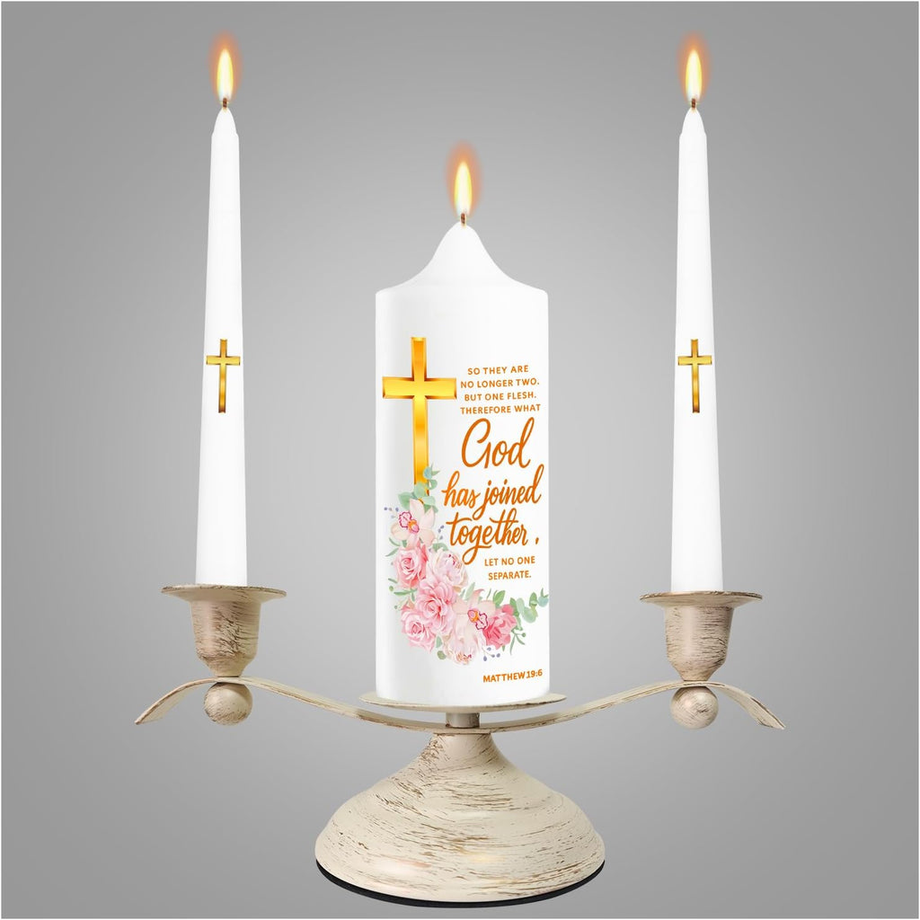 LakWilows Unity Wedding Candle Set with Distressed White & Gold Metal Holder, 3 Piece Wedding Ceremony Candles (8.27" Pillar + 2 Tapers), Cross & Matthew 19:6 Scripture, Catholic Gift for Couple