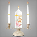 LakWilows Unity Wedding Candle Set with Distressed White & Gold Metal Holder, 3 Piece Wedding Ceremony Candles (8.27" Pillar + 2 Tapers), Cross & Matthew 19:6 Scripture, Catholic Gift for Couple