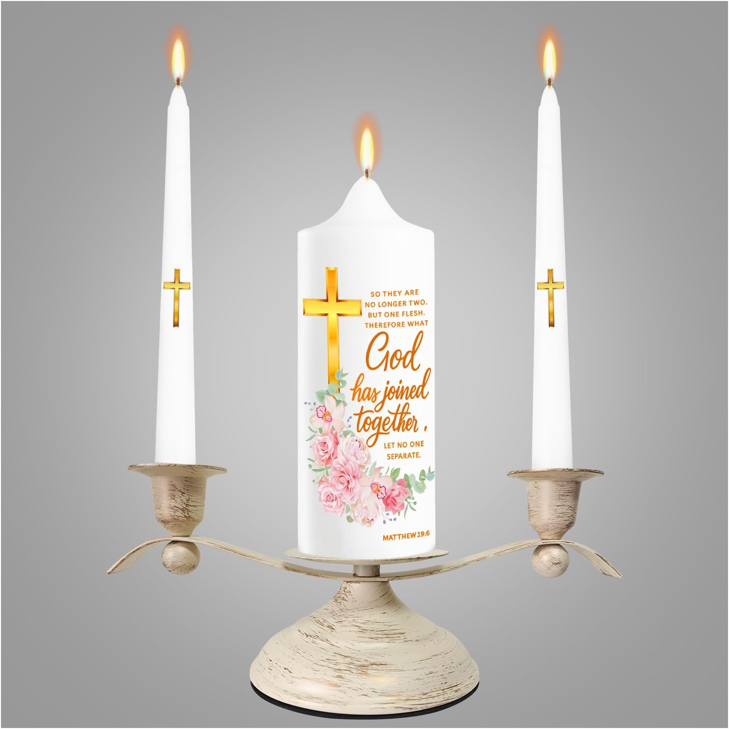LakWilows Unity Wedding Candle Set with Distressed White & Gold Metal Holder, 3 Piece Wedding Ceremony Candles (8.27" Pillar + 2 Tapers), Cross & Matthew 19:6 Scripture, Catholic Gift for Couple