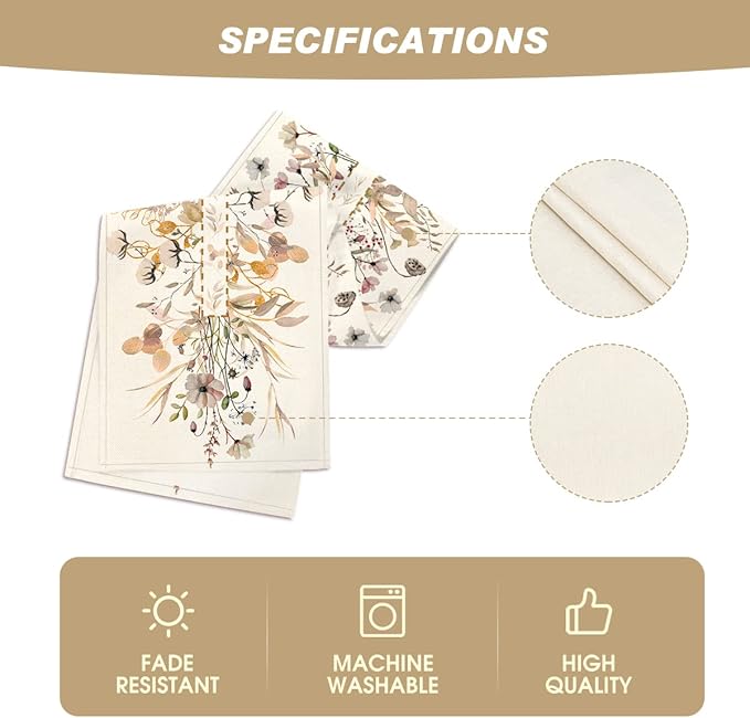 Artoid Mode Wildflower Leaves Floral Fall Table Runner, Autumn Thanksgiving Kitchen Dining Table Decoration for Indoor Outdoor Home Party 13x90 Inch