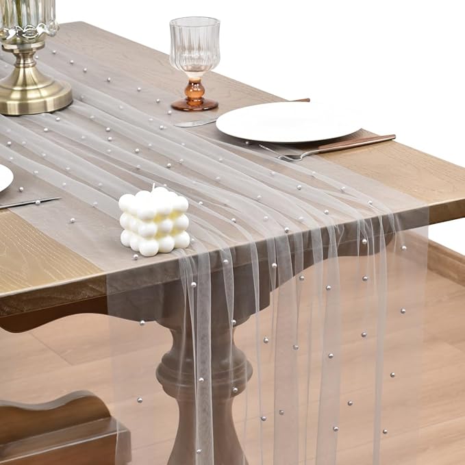 Joanlody Fall Pearl Table Runner 10ft Rustic Boho Tulle Table Runner with Pearls for Baby Shower Wedding Party Veil Dessert Thanksgiving Table Decor Gray