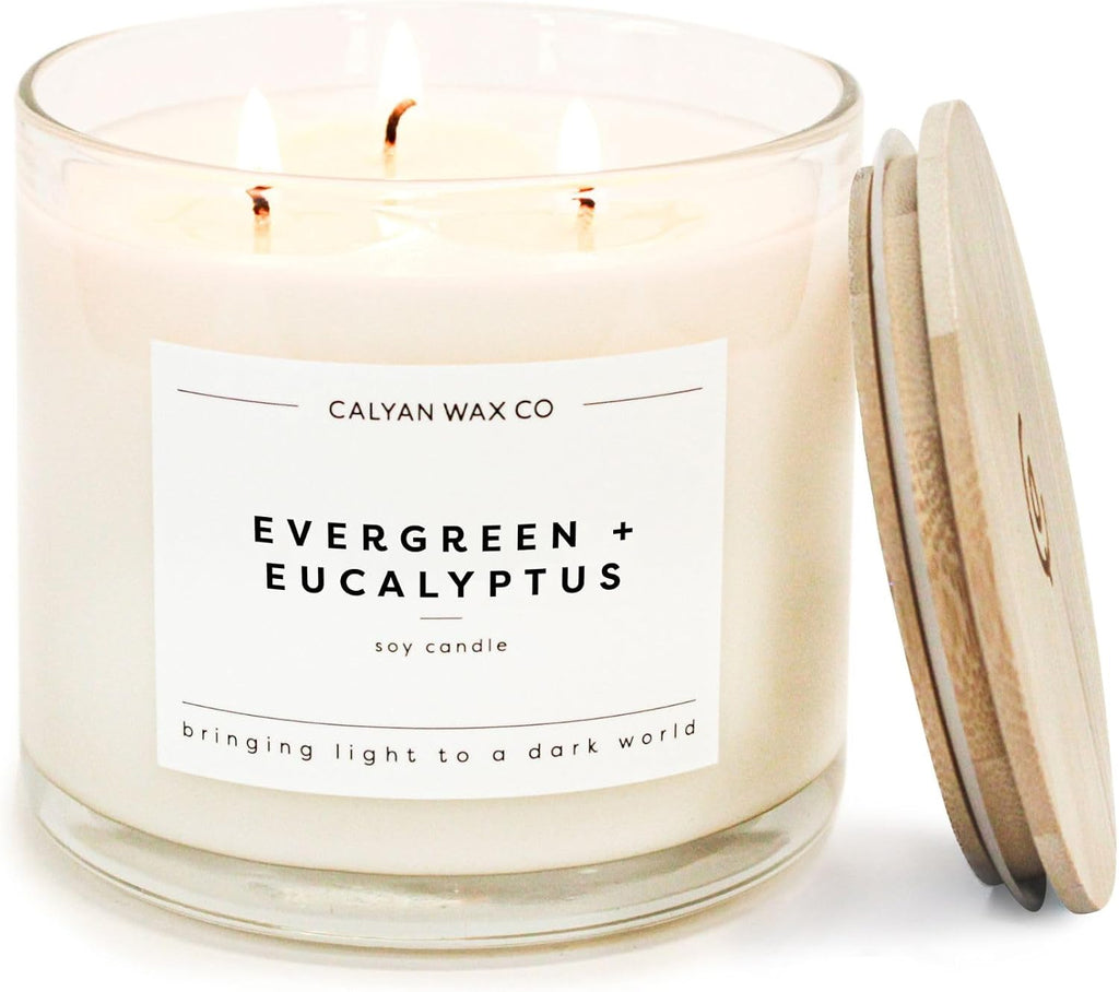 Calyan Wax Co. Evergreen & Eucalyptus 3 Wick Scented Candle - 43 Hour Burn - Luxury 3 Wick Soy Candles - Clean Soy Wax Candles - Long Lasting Large Glass Jar Candle for Home - 14.9oz