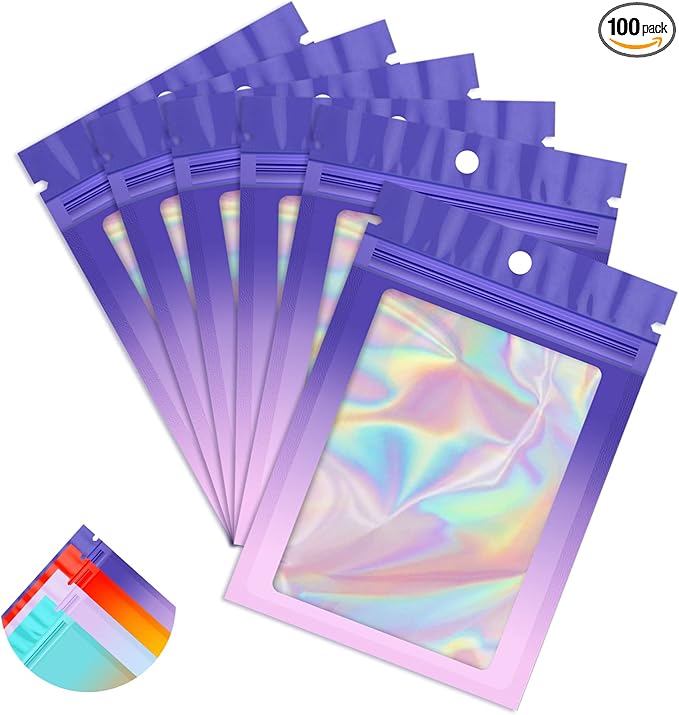 Funfery 100 Pack Gradient Holographic Bags,Mylar Resealable Bags with Zipper,Clear Window Packaging Pouchs,Foil Smell Proof Bag for Food Storage,Sample Jewelry Baggies(6.3x9.4In,Purple Pink)