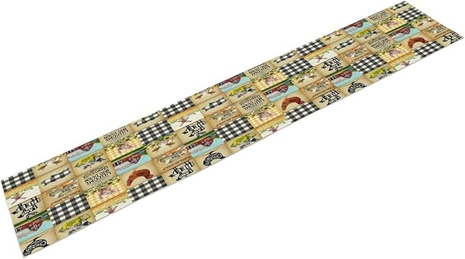 Farmhouse Animals Table Runner,Rustic Cabin Pig Chicken Cow Sunflowers Geometric Grids Burlap for Hotel Indoors Outdoor Dining Room Kitchen Holiday Party, 13x36in