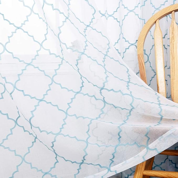 Blue Sheer Curtains 84 Inches Long, Moroccan Embroidered Rod Pocket Sheer Drapes for Living room, Bedroom, 2 Panels, 52"x 84", Semi Crinkle Voile Window Treatments for Yard, Patio, Villa, Set of 2.
