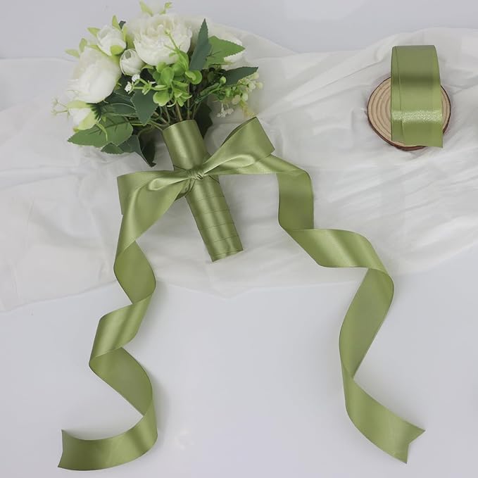 Olive Green Solid Satin Ribbon 1-1/2 Inch 25 Yards Solid Polyester Fabric Ribbon for Gift Wrapping Wedding Christmas Baby Shower Birthday Party Decoration Handmade Immortal Flower Craft