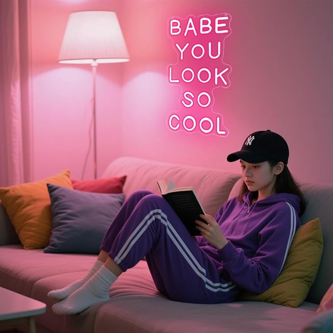 Babe You Look So Cool Neon Sign,Pink Dimmable LED Light Signs for Wall Art Decor,Backdrop for Game Room Bar Bedroom Club Party Man Cave,Gift for Boys Teen Men USB Powered（14.2"*8.4"）