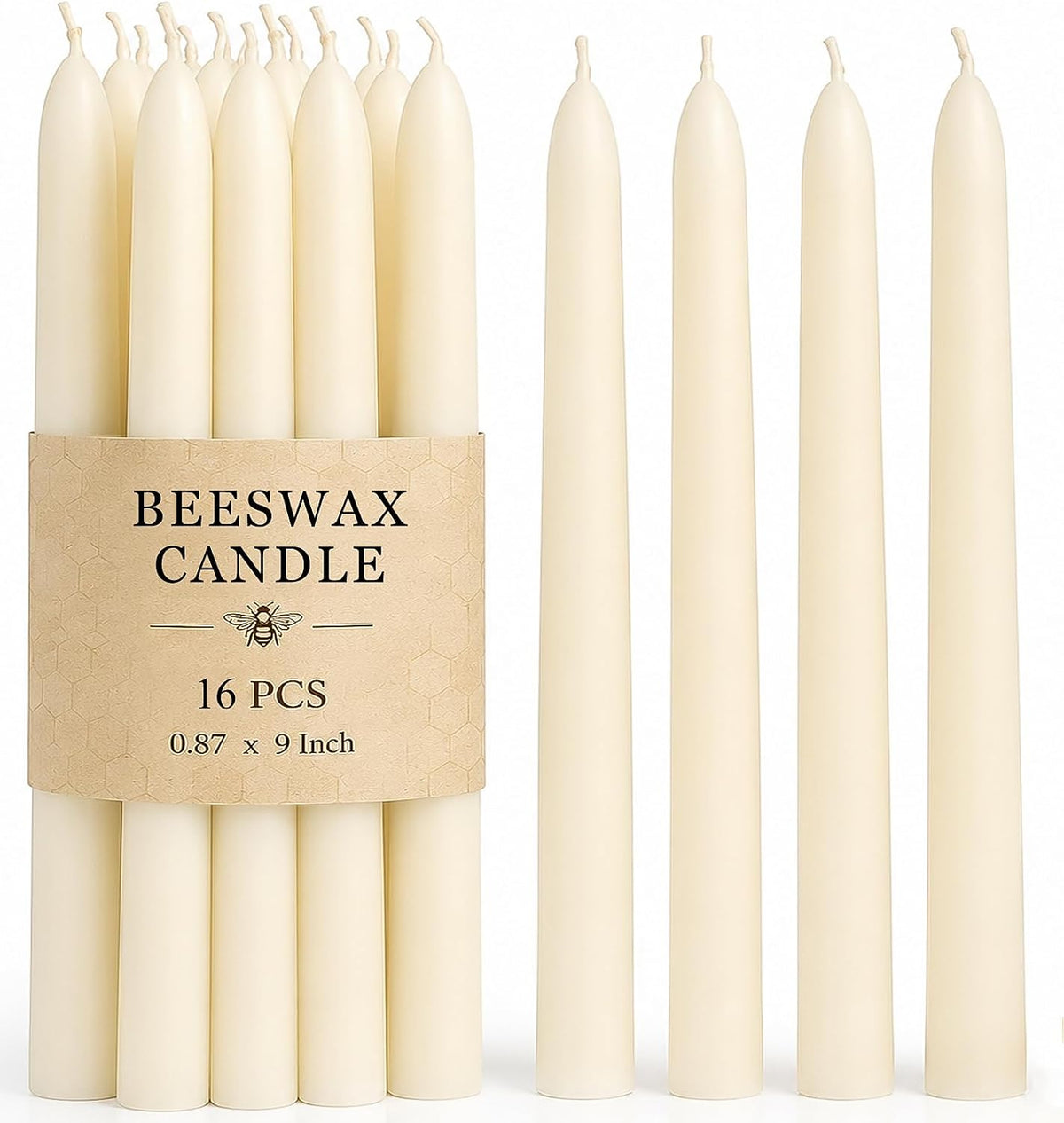 Beeswax Taper Candles 16 Packs, Unscented Ivory Candle Sticks