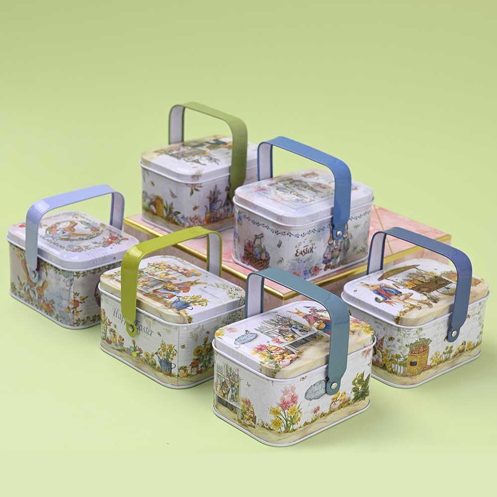 Easter Rabbit Metal Storage Tin with Handle (Style A) - 4.1" Vintage Garden Bunny Treat Box, Decorative Floral Tinplate Organizer for Easter Eggs