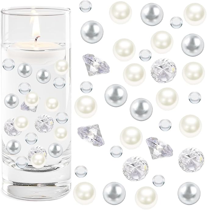 HappyFiller 1075 PCS Floating Pearl Beads,Marbles for Vases Fillers,Wedding Centerpiece,Ivory Faux Pearls Fake Crystal Diamonds and 10g Clear Water Beads,Table Scatters,Party Decoration 14 OZ