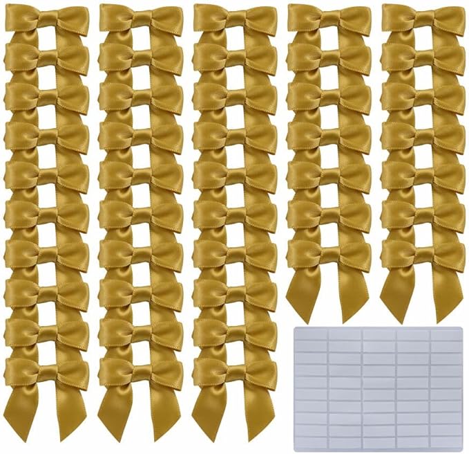 2.5" Hgzgch Gold Satin Ribbon Bow for Gift Wrapping, Premade Bows for Crafts, Cake, Party Favors, Handmade Bows with Double-Sided Tape, Self Adhesive Gift Bows for Presents, Treats, Christmas - 50pcs