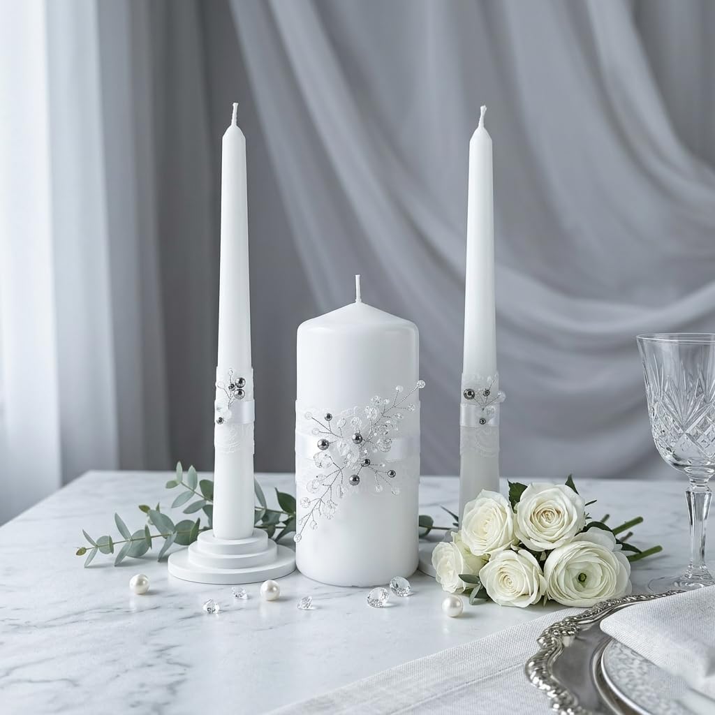 Unity Candle Set - Wedding Ceremony & Reception – 6” Pillar & Two 10” Taper Candles – Long Burning Unity Candles for Marriage Ritual – Handmade in USA –Diamond | White
