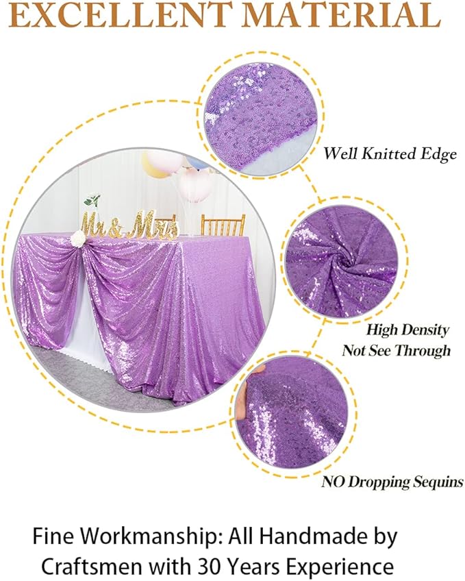 ShinyBeauty 72x72 Inch Square Sequin Tablecloth Overlay - Lavender Shimmer Wedding Table Cover for Cocktail Party, Light Purple Sparkling Cake Table Decoration