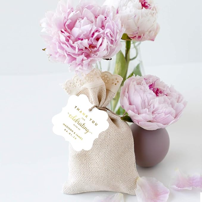 Andaz Press Personalized Fancy Frame Square Wedding Gift Tag, Metallic Gold Custom Tags, Thank You for Celebrating with US, 24-Pack, Custom Name Thank You Tag, 2x2 Personalized Gift Tags for Favors