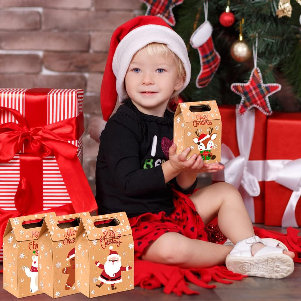 JOICEE Christmas Kraft Paper Gift Boxes 24pcs Xmas Goodies Treat Candy Bags Boxes for Christmas Party Favor (Pack of 2)
