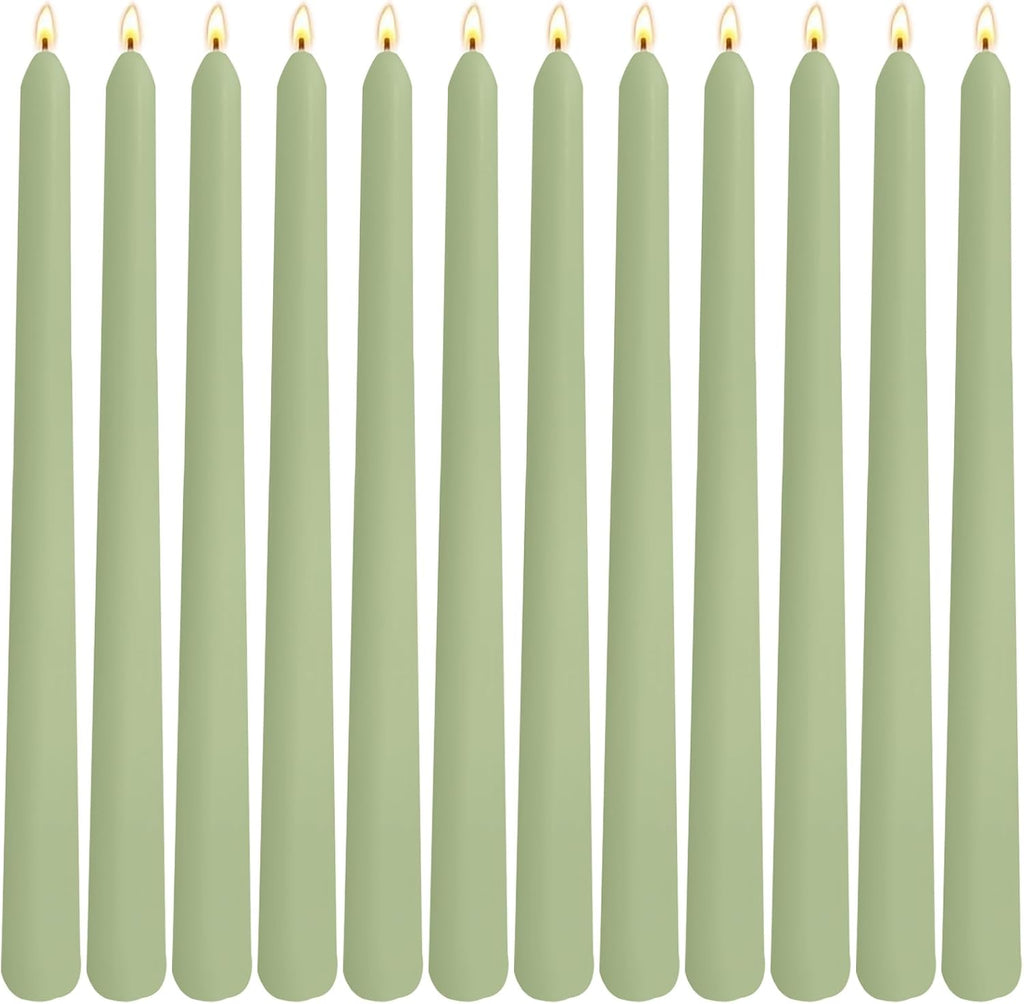 12-Pack Sage Green Taper Candles, 10 Inch Unscented Dripless Candlesticks, Long-Lasting Burn Time of 7-8 Hours, Perfect for Home Décor, Spring and St. Patrick's Day