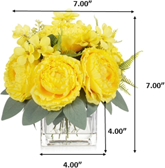 ENOVA FLORAL Artificial Flower Arrangement with Vase,Mixed Artificial Silk Peony Flower in Vase for Decoration Home Office, Wedding Centerpiece (Yellow)