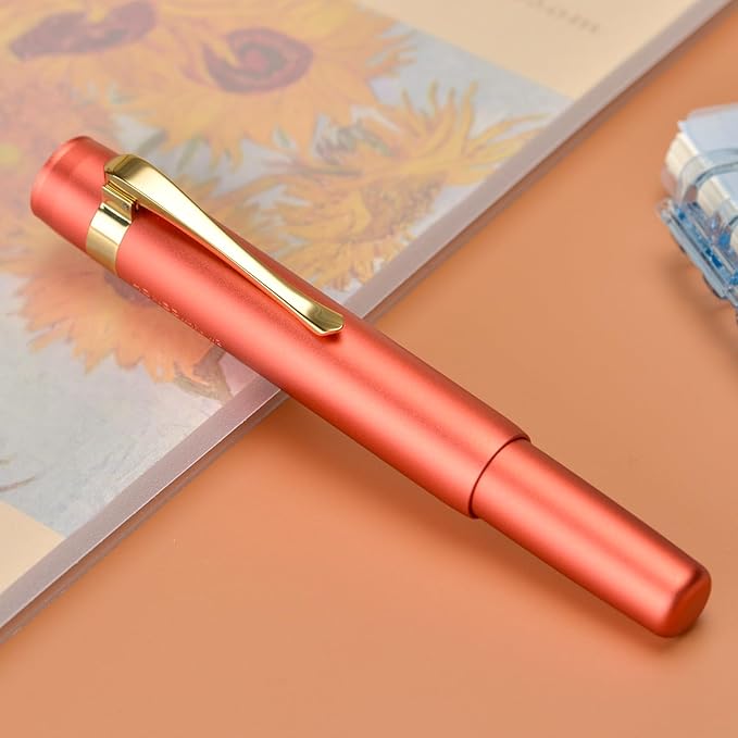 Hongdian M2 Black Forest Mini Fountain Pen, Fine Soft Golden Nib & Sleek Shape Aluminium Short Pocket Travel Pen (Orange Red)