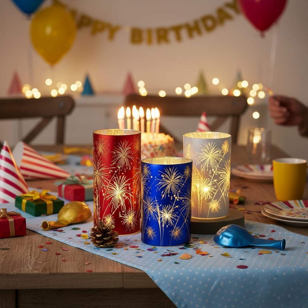 Set of 3 Red White and Blue Celebration Hurricane Firework Lanterns | 3D Etched Starburst Patriotic Led Candles Lights Hurricanes for Birthday Wedding Christmas Parties Chic Modern Home Decor