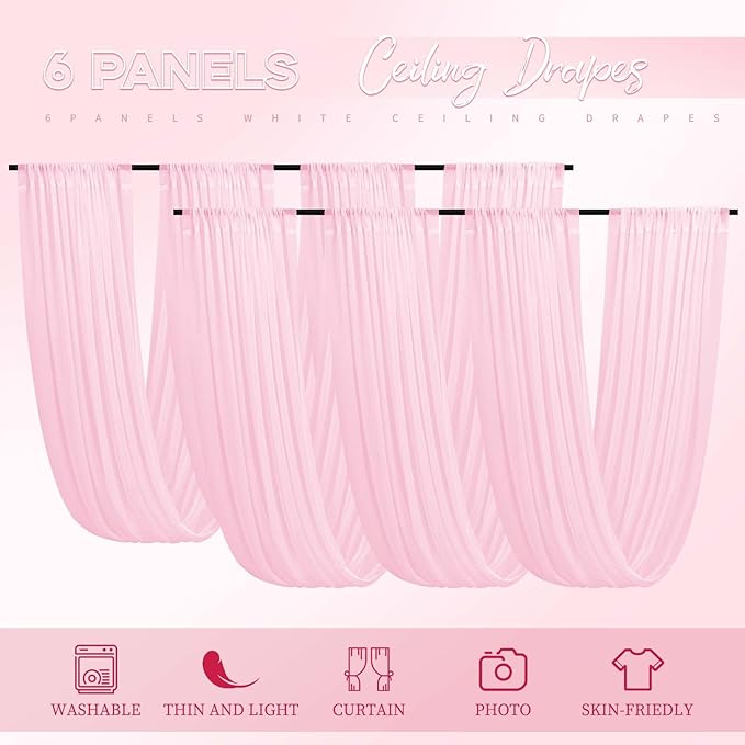 6 Panels Pink Ceiling Drapes for Wedding 5ftx20ft Ceiling Drapes Wedding Arch Draping Fabric Cheesecloth Sheer Curtain Romantic Ceiling Decorations for Weddings Party Banquet Ceremony Stage