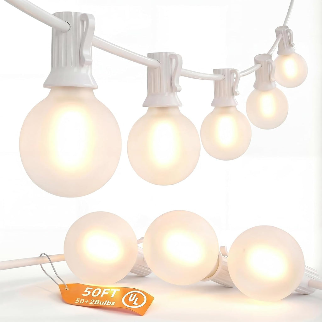 SUNSGNE White String Lights Outdoor, 50FT White Outdoor Lights with 52 G40 LED Frosted Shatterproof Bulbs(2 Spare) for Balcony Patio Tent Backyard Bistro Cafe Christmas Decor