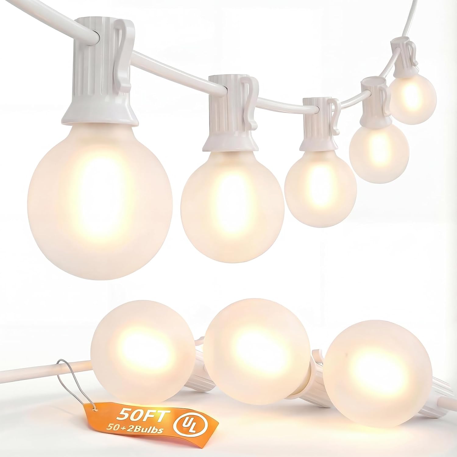 SUNSGNE White String Lights Outdoor, 50FT White Outdoor Lights with 52 G40 LED Frosted Shatterproof Bulbs(2 Spare) for Balcony Patio Tent Backyard Bistro Cafe Christmas Decor