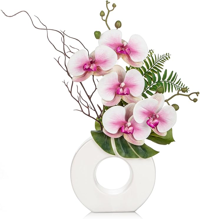 Briful Orchid Artificial Flowers 16.1'' Pink Orchid Silk Flowers with Ceramic Vase Faux Orchid Arrangement for Home Office Bathroom Table Centerpiece Indoor Decoration