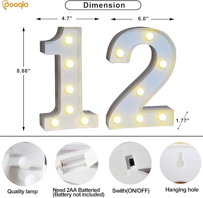 Pooqla Decorative LED Light Up Number Letters, White Plastic Marquee Lights Sign for 12th Birthday Party Wedding Decor, Battery Operated (12)