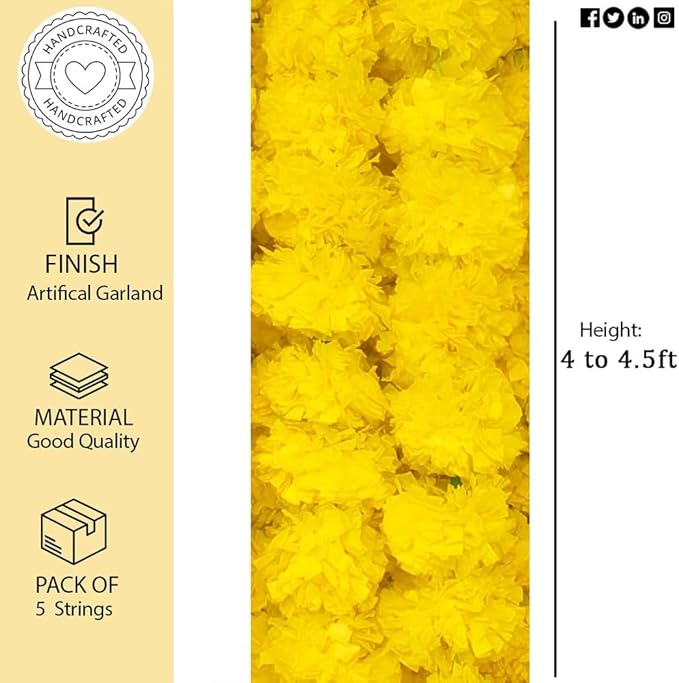 Artificial Marigold Flowers Garland for Diwali Decoration, American Wedding Party, Mantle Decoration, Faux Garlands, Wedding Garland, Spring Bush Floral - 5 String - (Yellow | 4 to 4.5 ft) Hashcart®