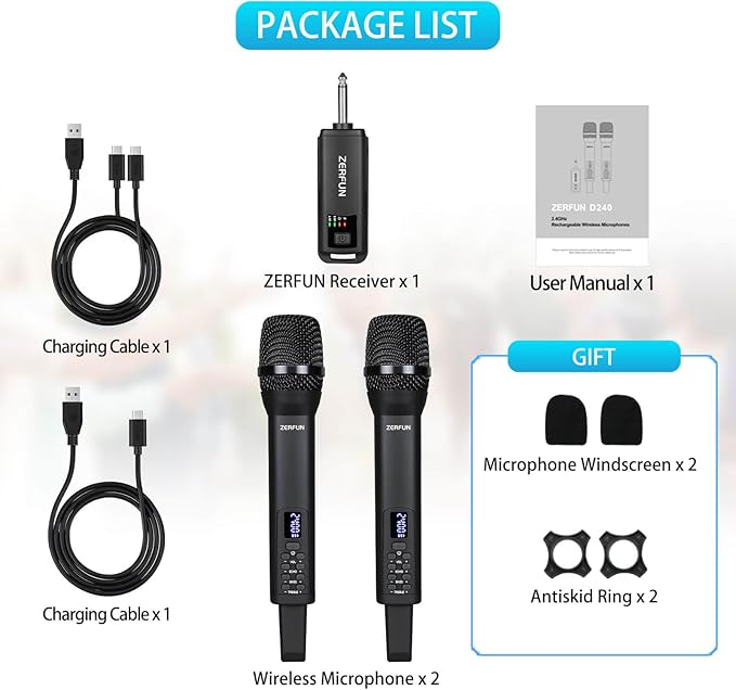 Dual Rechargeable Wireless Microphones, Pro Handheld Cordless Mics System with Echo Treble BASS VOL Control for Karaoke Singing Church Party, 1/4'' Output, Black