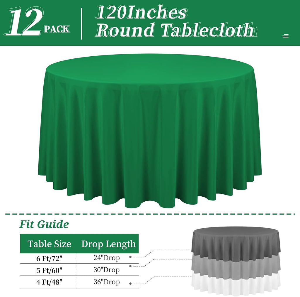 12 packs 120 inch green round polyester tablecloths shown in use