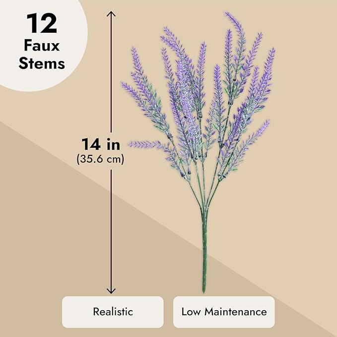Juvale 12 Bundles Lavender Artificial Flower Stems - 2" D x 3" W x 14" H - Purple - Weather Resistant Artificial Flowers for Outdoors & Wedding Centerpieces & Door Wreaths