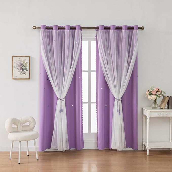 Ombre Rainbow Blackout Curtains for Kid Girls Bedroom Living Room Darking Stripe Double Layer Star Cut Out Wall Home Decor Gradient Grommet Window Curtains (Purple 84L)