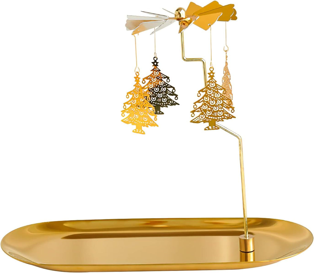 Creahaus Spinning Candle Holder with Tray, Glod Carousel Candle Spinner, Rotating Metal Tea Light Candle Holder for Table Centerpiece, Christmas, Valentine's Day, Party Decor, Gift (Christmas Tree)
