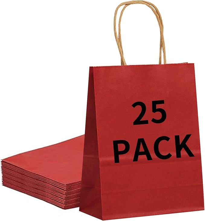 25 Pack Small 5.9x3.1x8.25 Inch Red Kraft Paper Gift Bags with Handles for Bulk Shopping, Retail, Craft, Party Favors, Wedding, Grocery & Sacks