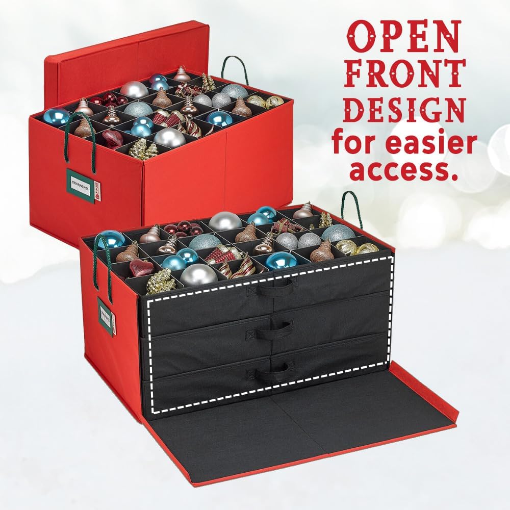 HOLDN’ STORAGE Christmas Ornament Storage Box with Dividers, Holds Up to 72 Ornaments (4 Inches), Large Organizer with 3 Stackable Trays - Red