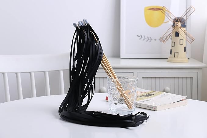 100PCS Ribbon Stick Wands Wedding Streamers with Silk Fairy Stick Wand for Wedding Party Baby Shower Send Off Party Activities Holiday Celebration Favors (Black-100PCS)