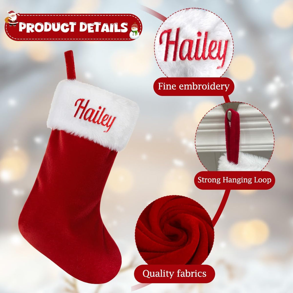 Personalized Christmas Stockings,Custom Embroidered Name Family Stocking | 20 Inch Large Red Velvet with White Soft Plush Cuff Xmas Stocking ,Holiday Stocking for Fireplace Party Decoration(1 Pcs)