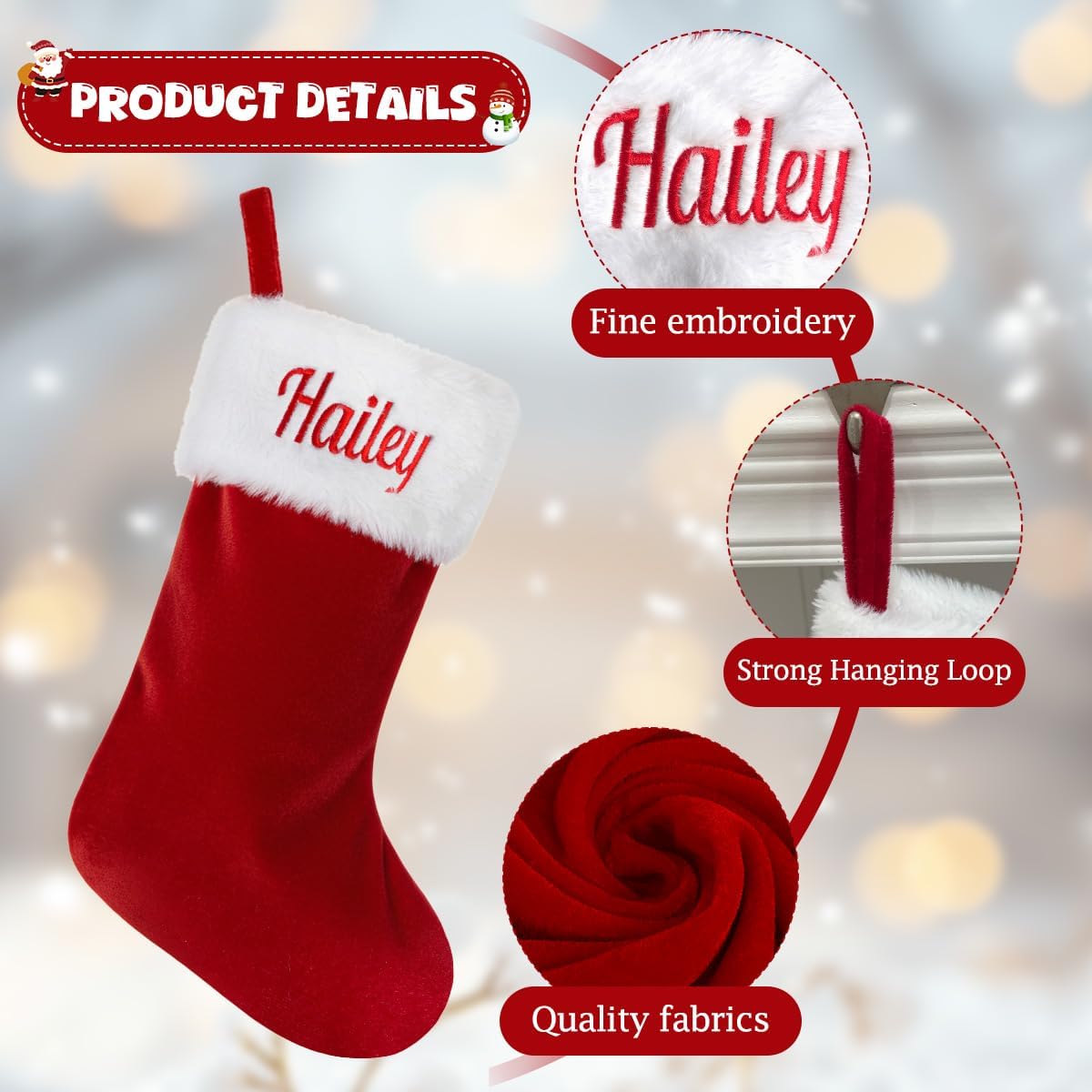 Personalized Christmas Stockings,Custom Embroidered Name Family Stocking | 20 Inch Large Red Velvet with White Soft Plush Cuff Xmas Stocking ,Holiday Stocking for Fireplace Party Decoration(1 Pcs)