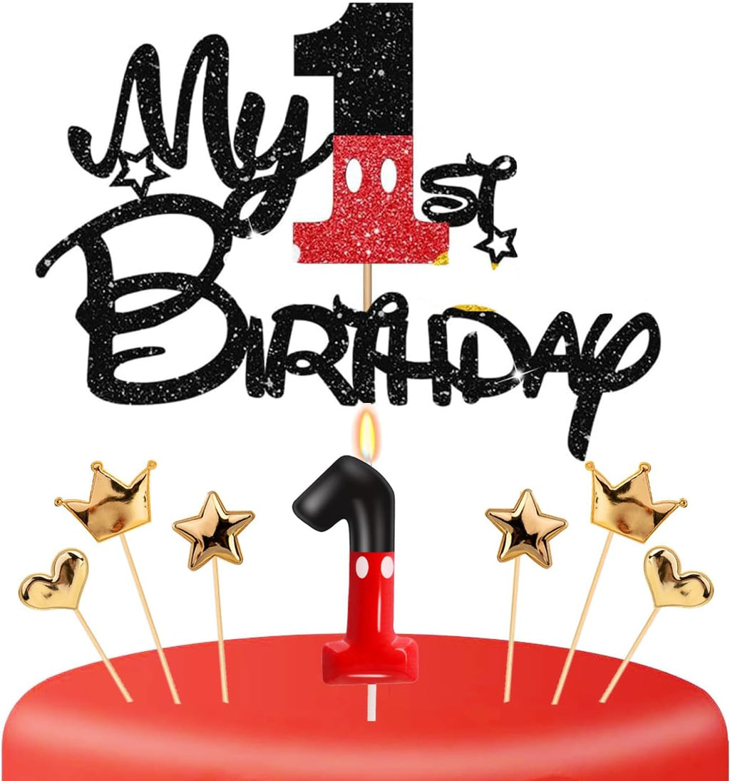 1st Birthday Cake Decorations for Boys, One Year Old Birthday Numeral 1 Cake Candles and Glitter Cartoon Black Red Cake Toppers Set for Birthday Party Supplies (Number 1, Red)