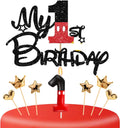 1st Birthday Cake Decorations for Boys, One Year Old Birthday Numeral 1 Cake Candles and Glitter Cartoon Black Red Cake Toppers Set for Birthday Party Supplies (Number 1, Red)