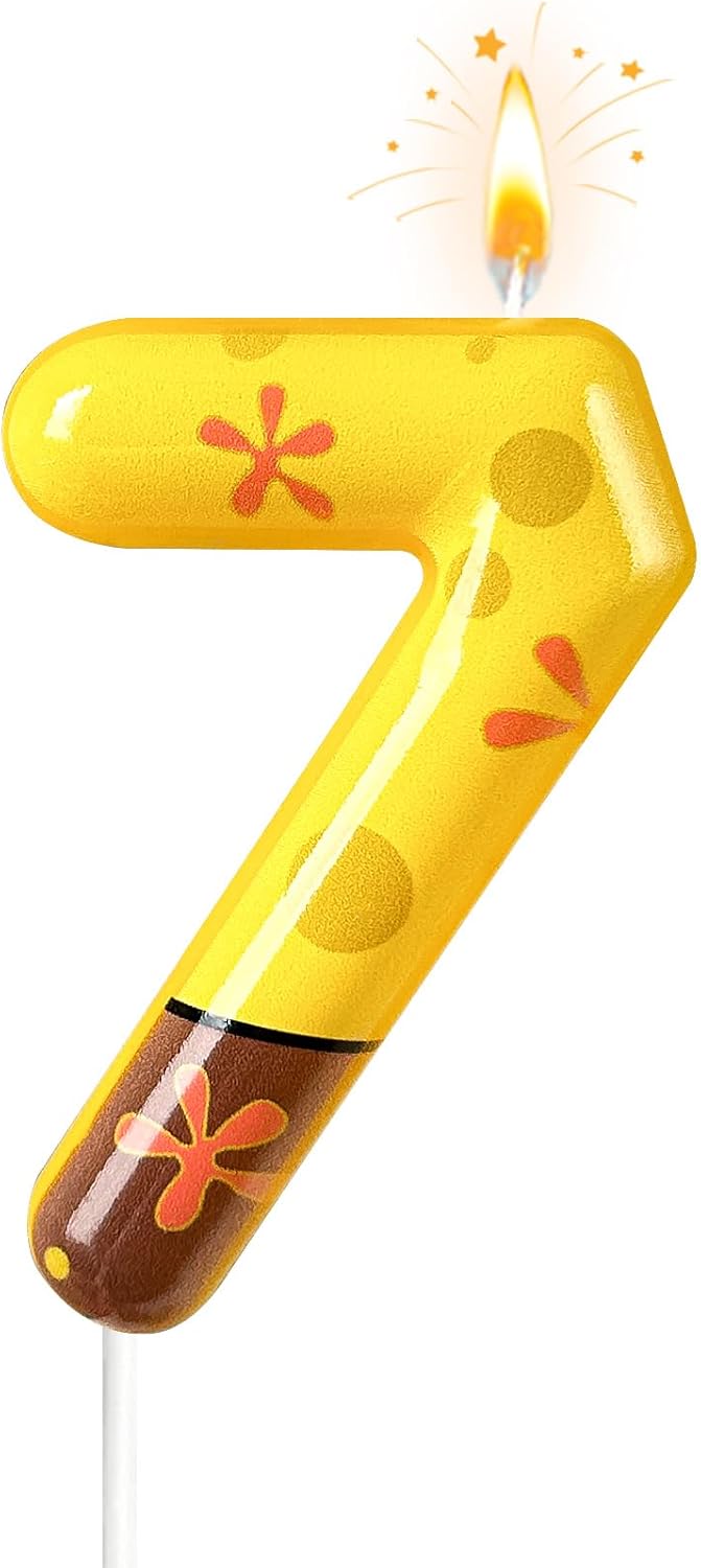 Number 7 Birthday Candle, 7th Birthday Cake Decoration, Playful Yellow and Polka Dot Print, Suitable for Ocean Cartoon Theme Party Supplies and Celebration Decorations(Yellow 7)