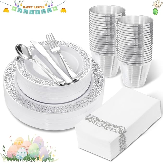 WELLIFE 210pcs Dinnerware Set - Silver Rimmed Plastic Plates Disposable Heavy Duty, Disposable Plastic Plates with Silver Rim, Water-proof, Break-proof, Best Choice for Any Party
