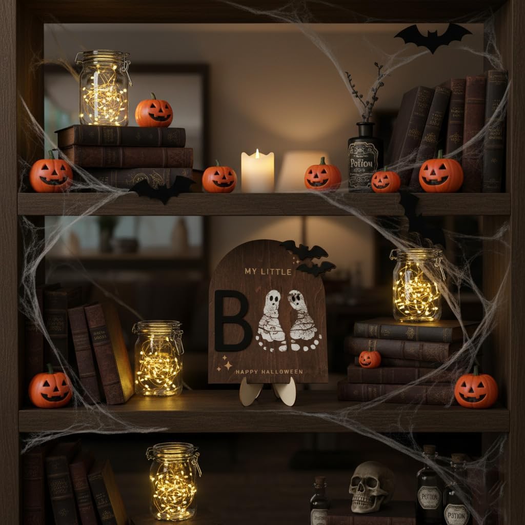 My Little Boo Wooden Halloween Sign – Baby Footprint Ghost Keepsake Plaque – Happy First Halloween Nursery Décor – Rustic Wooden Tabletop Sign for Newborn. Halloween baby